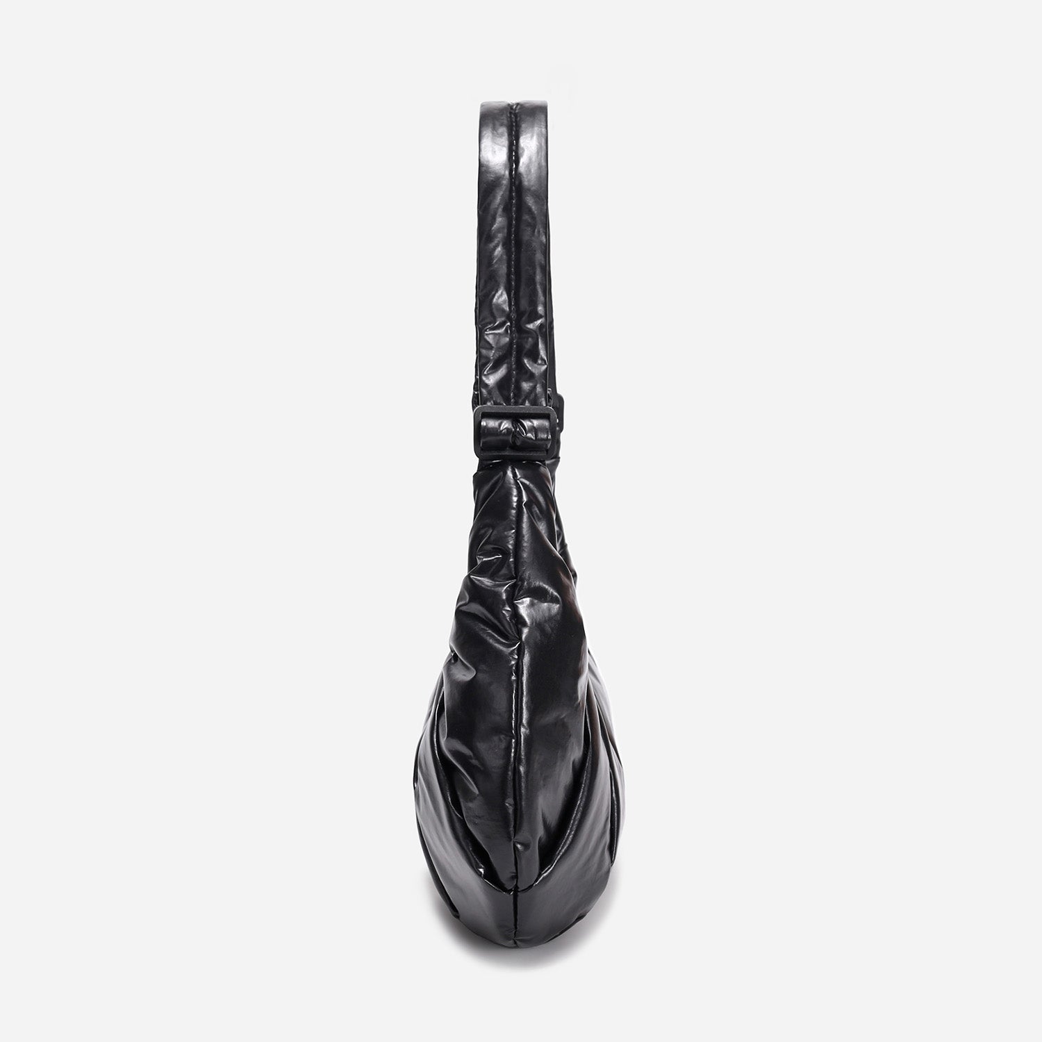 A black shiny Croissant-shaped shoulder bag with a single strap in polish black color