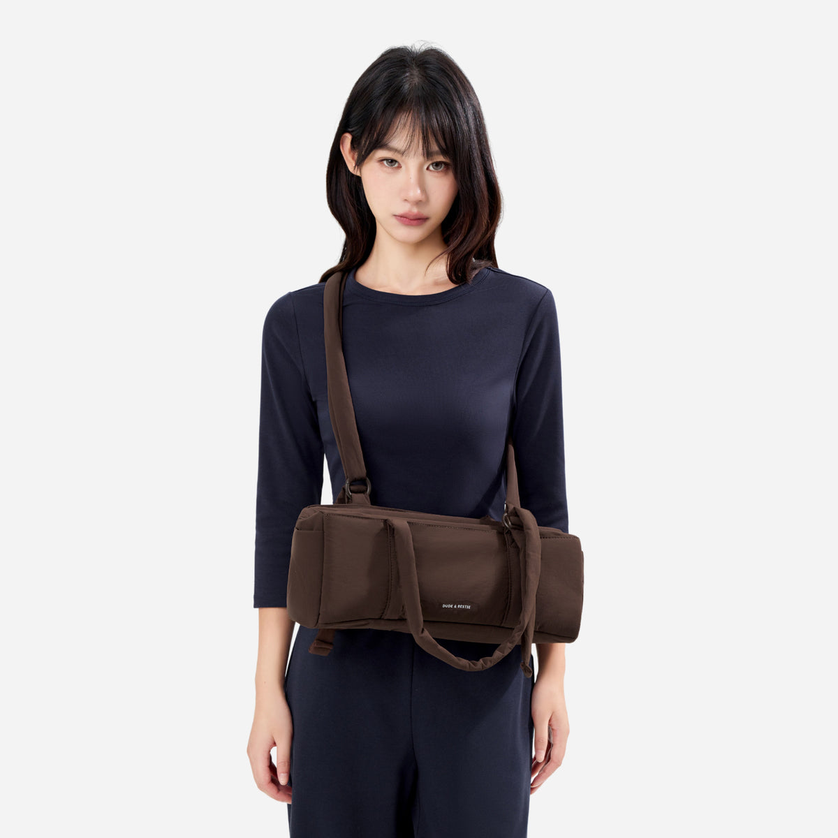 Dude & Bestie Puff Roll Baguette Bag in Choco Brown Color