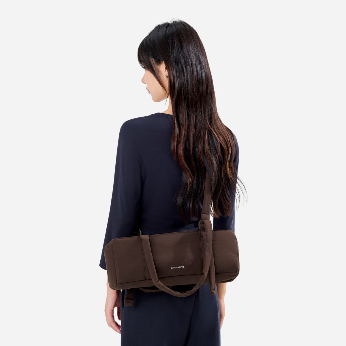 Dude & Bestie Puff Roll Baguette Bag in Choco Brown Color