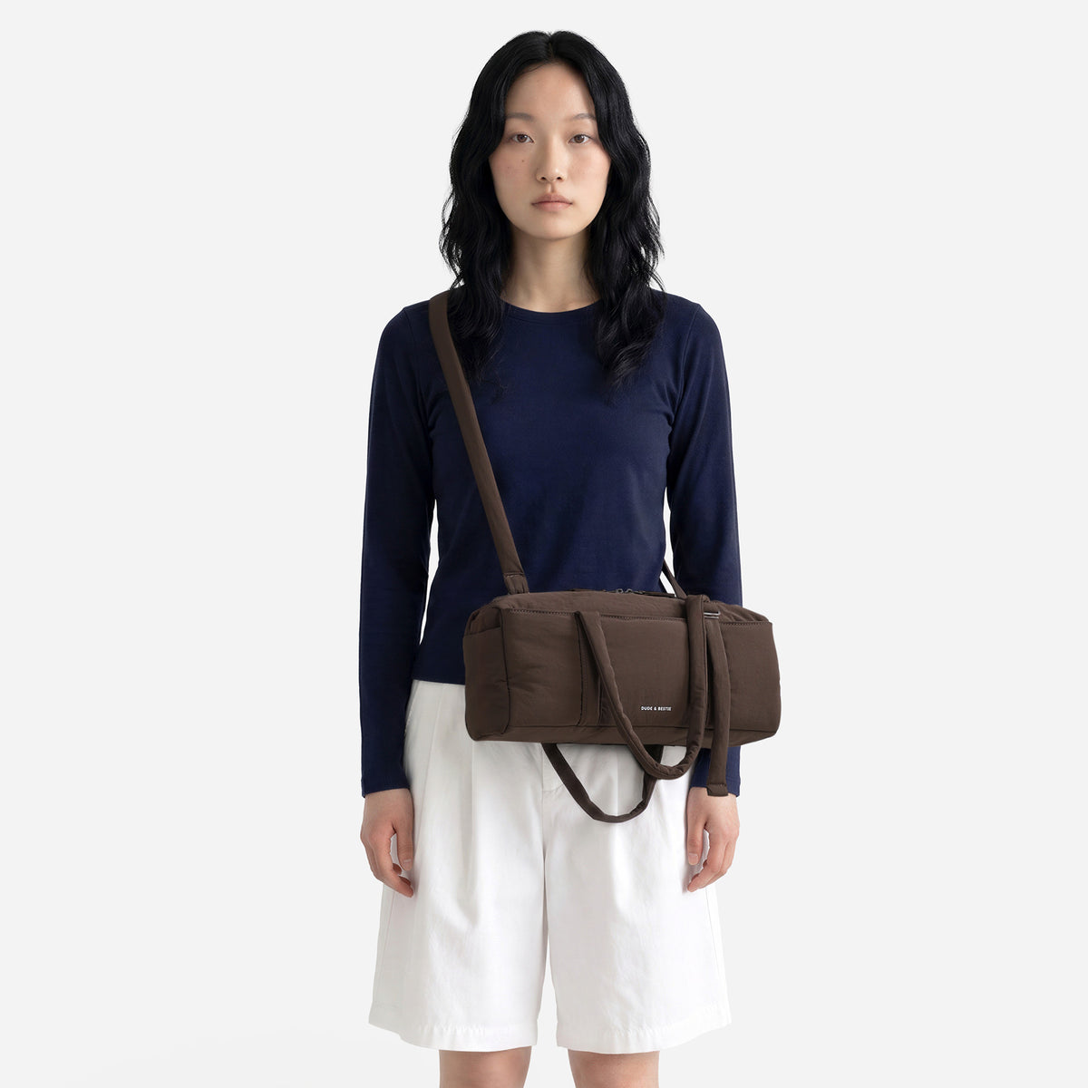 Dude & Bestie Puff Roll Baguette Bag in Choco Brown Color
